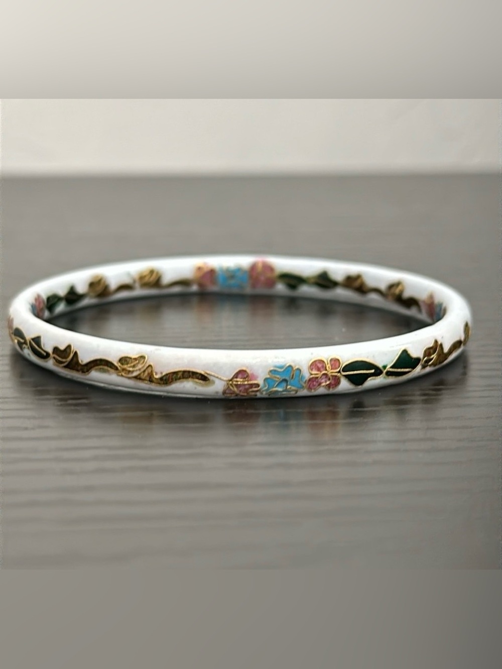 Cloisonné Bangle Bracelet White & Multi Color Floral Design Inside & Out